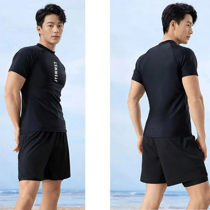 Men's plus size swimming trunks and top set in polyester fabric on a mannequin.