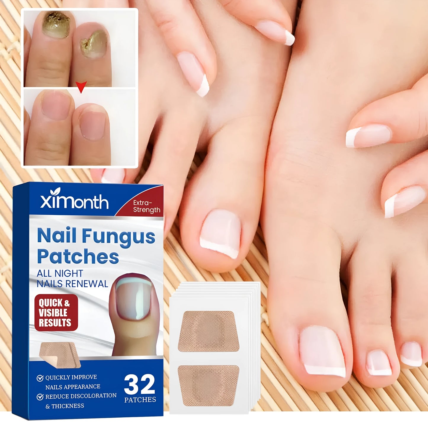 Box of 32 nail repair adhesive bandage patches for nail care and cuticle treatment.