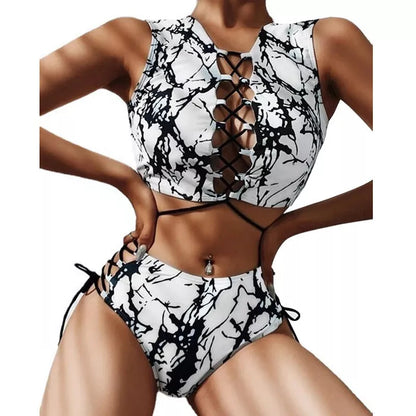 Ladies black and white tie-dye bikini swimwear with adjustable ties