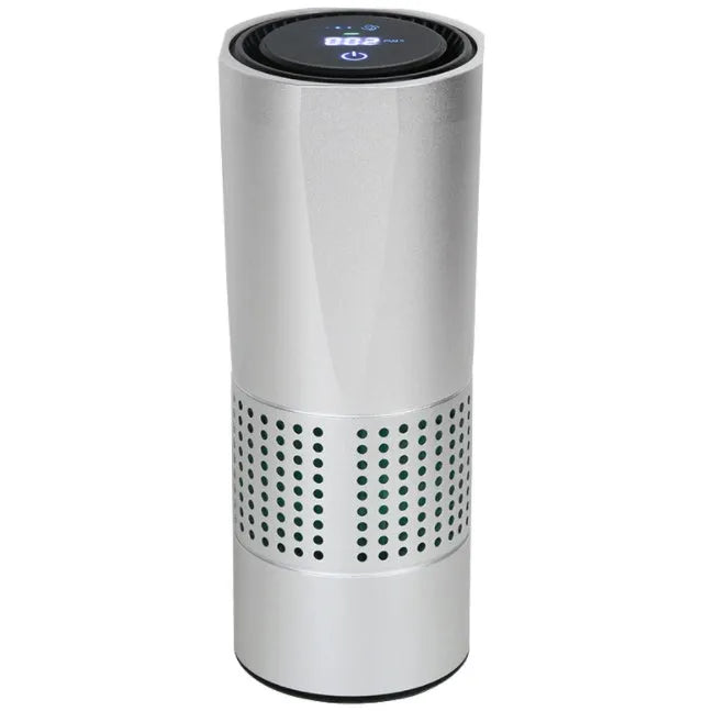 A7 aluminium alloy car air purifier with display showing air quality, temperature, and humidity readings.