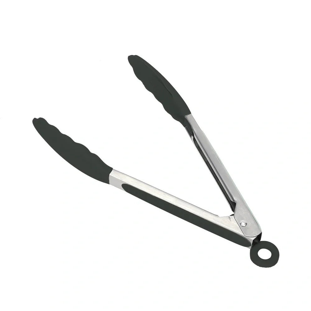 Dark grey silicone cooking utensils with wooden handles including spatula, spoon, whisk, and tongs