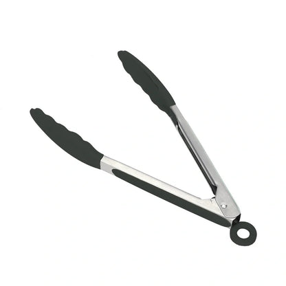 Dark grey silicone cooking utensils with wooden handles including spatula, spoon, whisk, and tongs