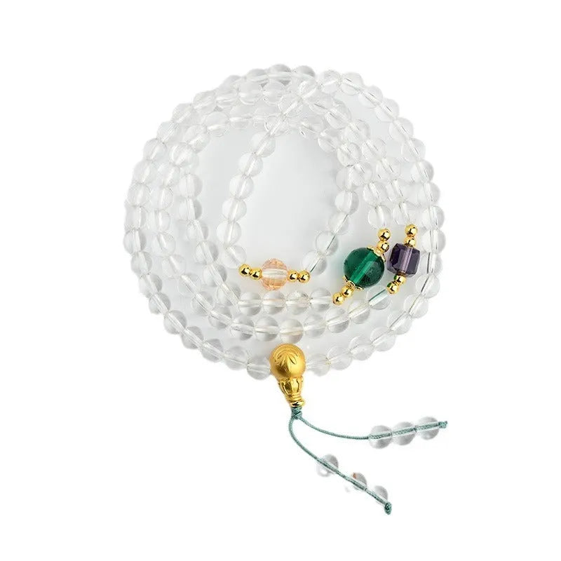 White crystal 108 bead rosary bracelet with geometric ethnic style