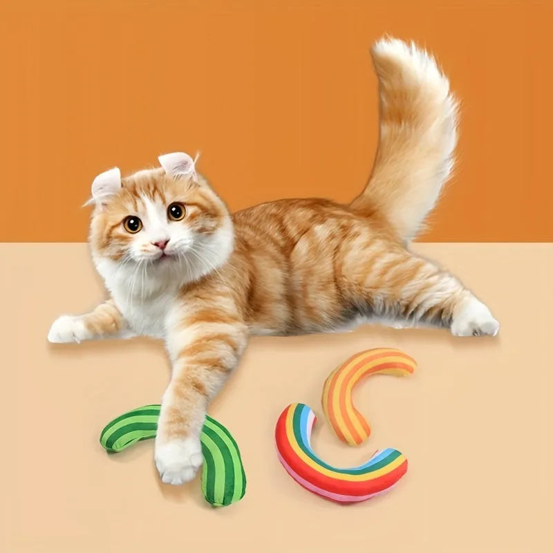 Striped pattern cat pillow toy with noise feature and catnip, measuring 23cm by 20cm, in green, rainbow, or yellow