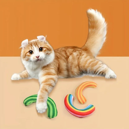 Striped pattern cat pillow toy with noise feature and catnip, measuring 23cm by 20cm, in green, rainbow, or yellow