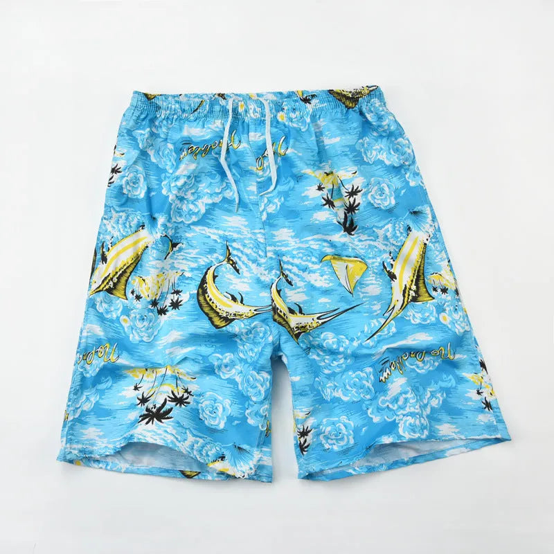 Men's floral patterned swim shorts with five-point cut design