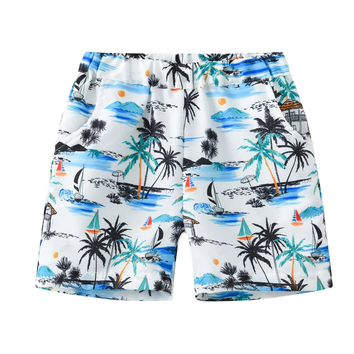 Multi-colour printed beach shorts with hairband belt on a mid-waist, shown in a casual summer style.