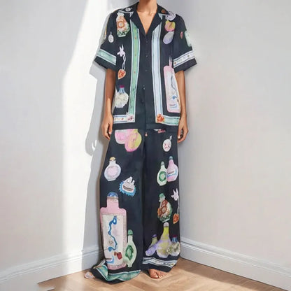 Black women's cardigan and trousers set with cartoon animation print, sizes S to 3XL