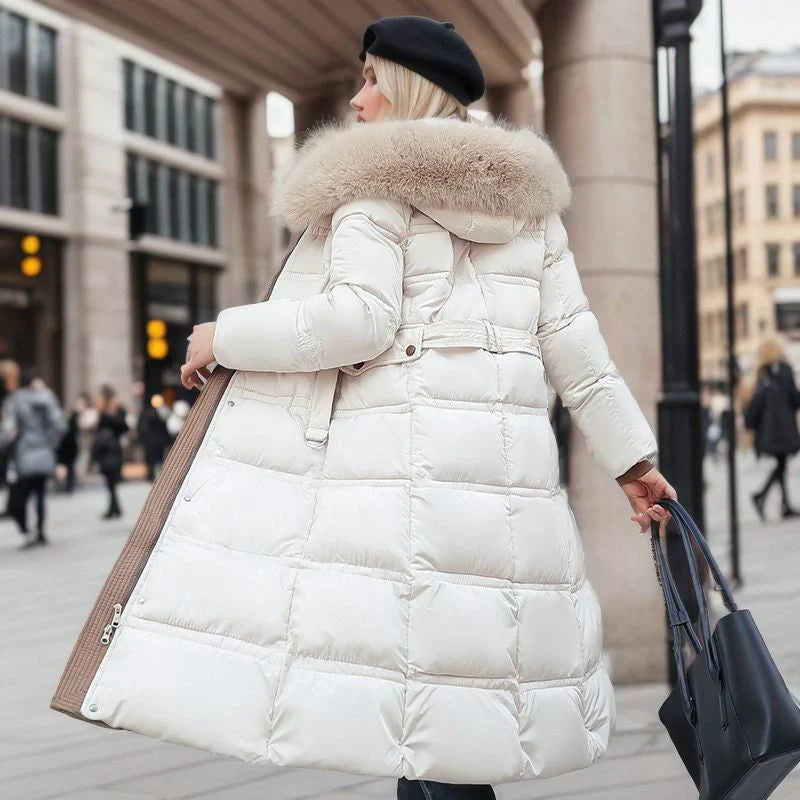 Women's stylish winter coat with fur hood and belt in various colors