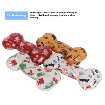 Printed bone TPR dog toy that squeaks when bitten in seasonal colours