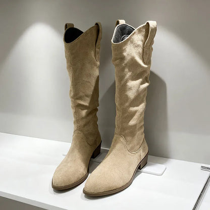 Pair of chunky heel suede high-top riding boots with 3-5cm block heel, round toe, microfiber upper, in cloth khaki or leather black or brown.