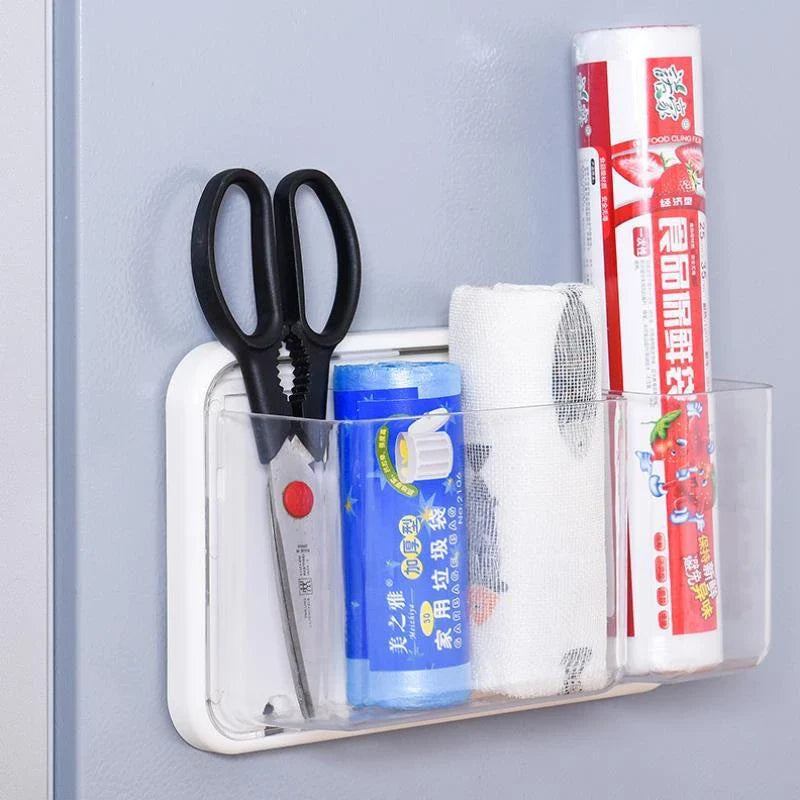 Compact refrigerator organiser with magnet-free, perforated storage design for efficient kitchen storage and organisation