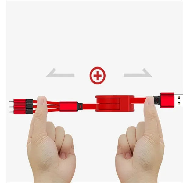 Black telescopic 3-in-1 charging cable with titanium alloy connectors extended on a white background.