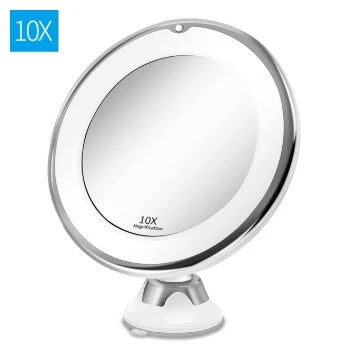 Adjustable gooseneck 10x magnifying makeup mirror with bright LED lights for precision grooming and beauty application