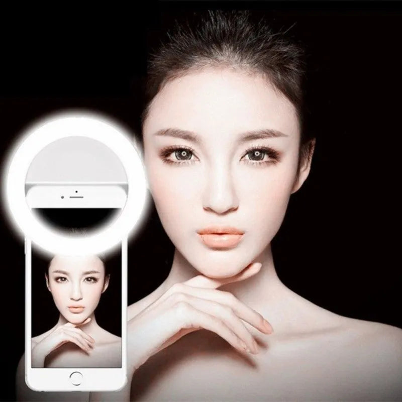 Clip-on LED selfie ring light for mobile phones with anti-slip sponge in multiple colours