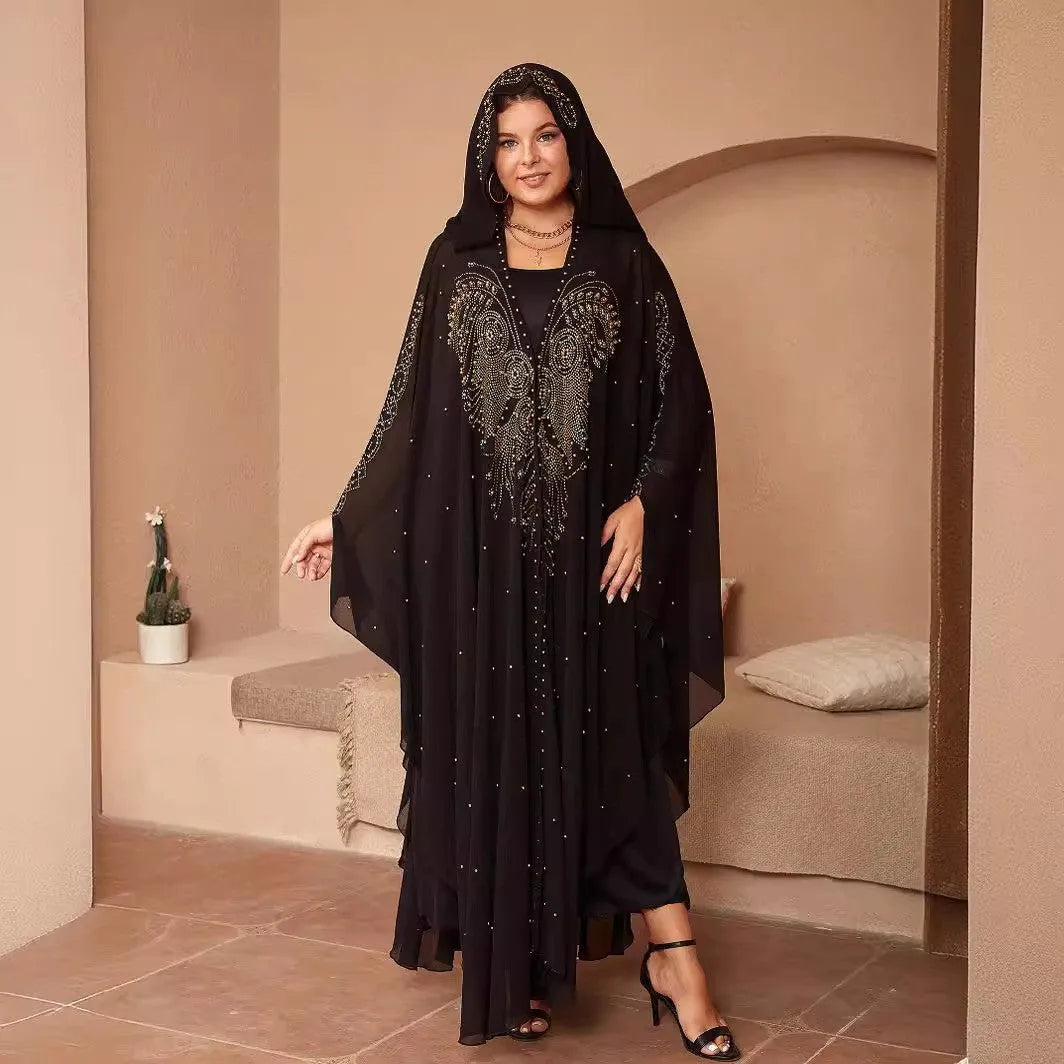 Purple chiffon Muslim style shawl with rhinestone beaded trim laid flat showing its long length.
