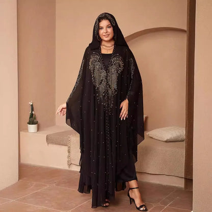 Purple chiffon Muslim style shawl with rhinestone beaded trim laid flat showing its long length.