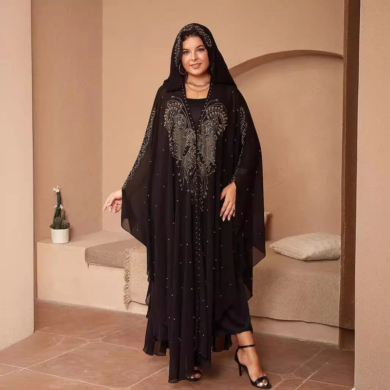 Muslim style chiffon cape and shawl for women featuring rhinestone and beaded trim in high-density fabric with an adjustable length from 135cm to 175cm in colours including purple, black, red, blue, yellow, and pink