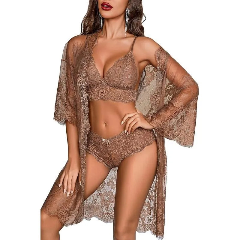 Lace fabric ladies underwear set in apricot colour, available in sizes S to 2XL.