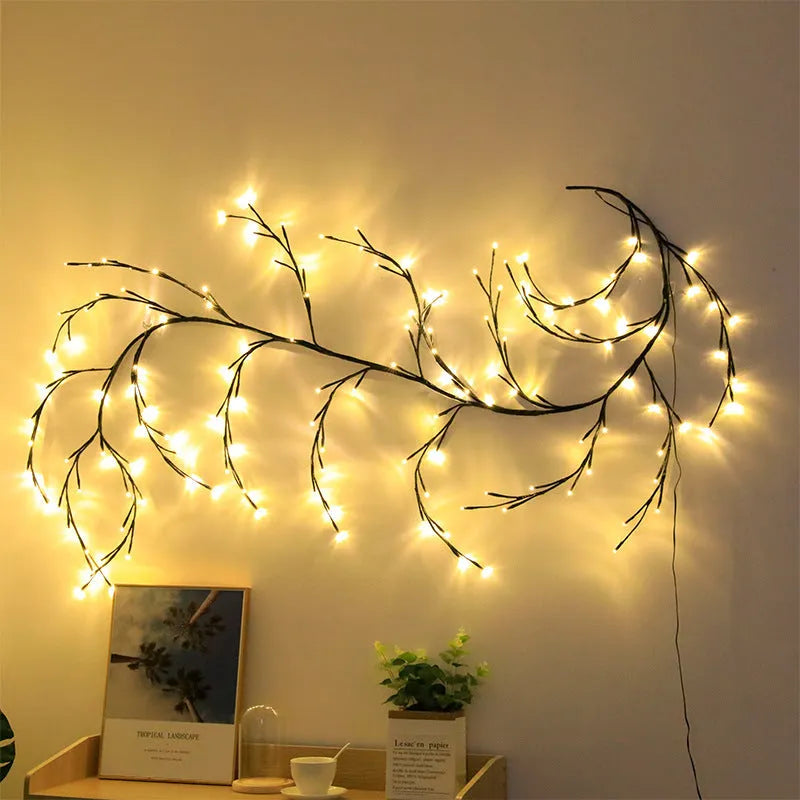 LED tree light string arrangement with coloured rattan decorative room lighting, featuring warm white LED illumination at 1500LM brightness, designed for 220V power with G5 lamp cap and PVC shell material, suitable for UK/US/EU electrical outlets