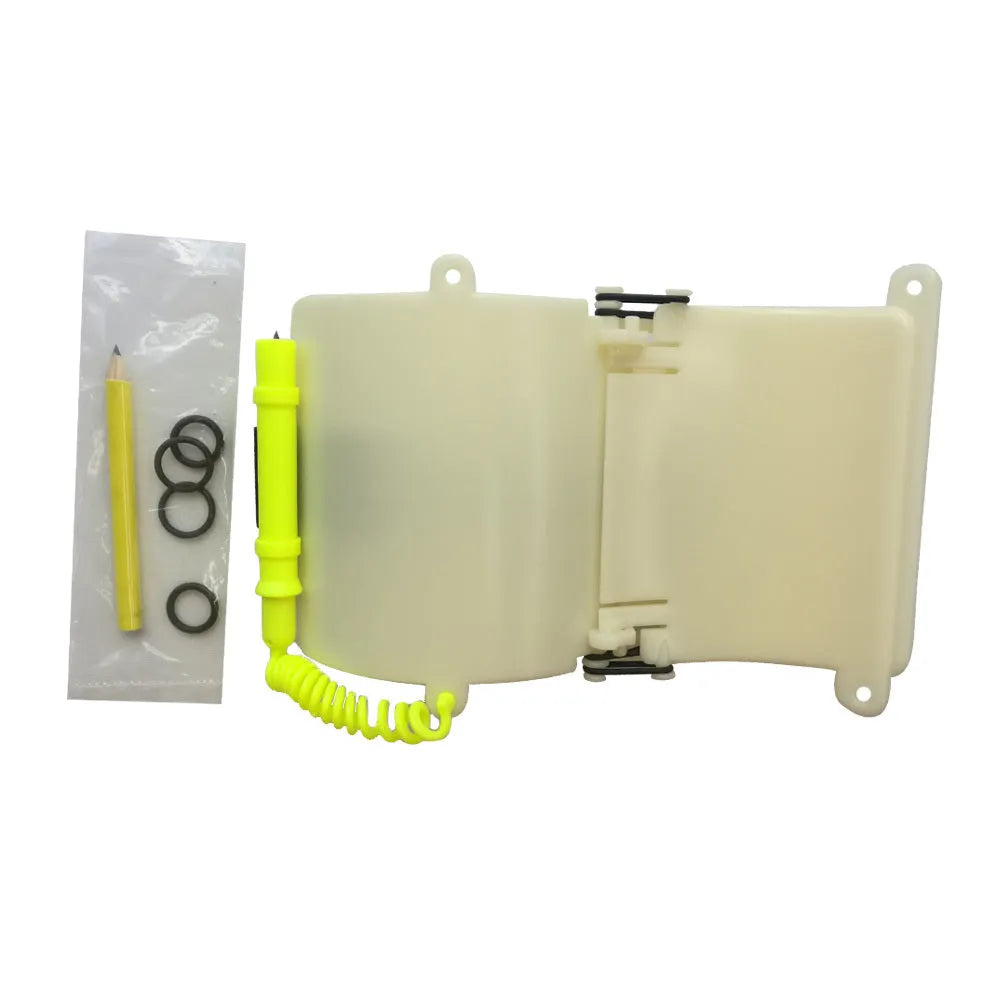 White luminous diving wrist slate with pencil and spare O-ring for underwater writing
