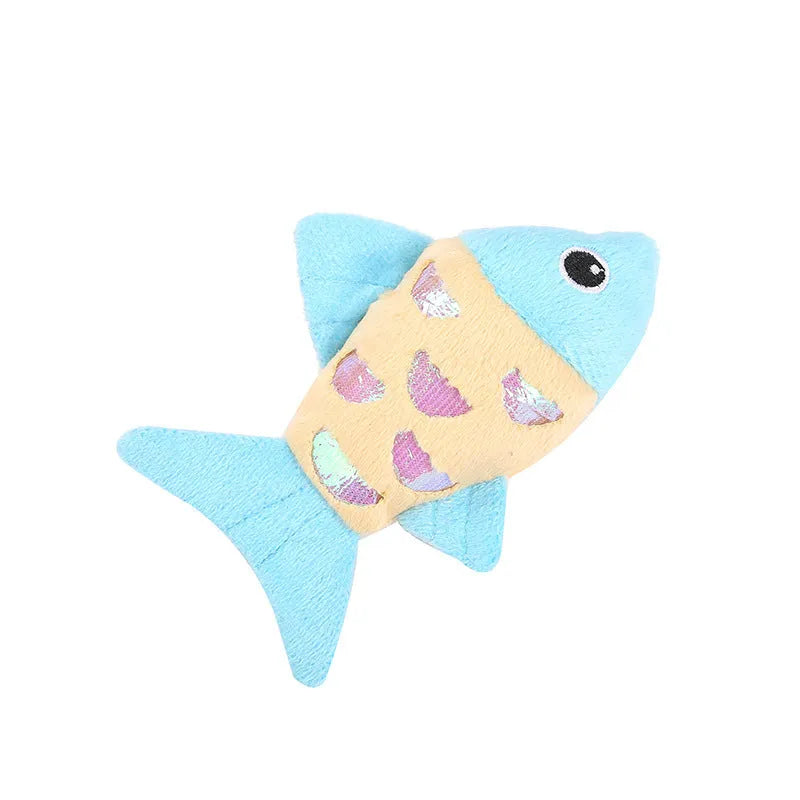 Two small plush goldfish cat toys with crinkle paper sound layer and catnip filling