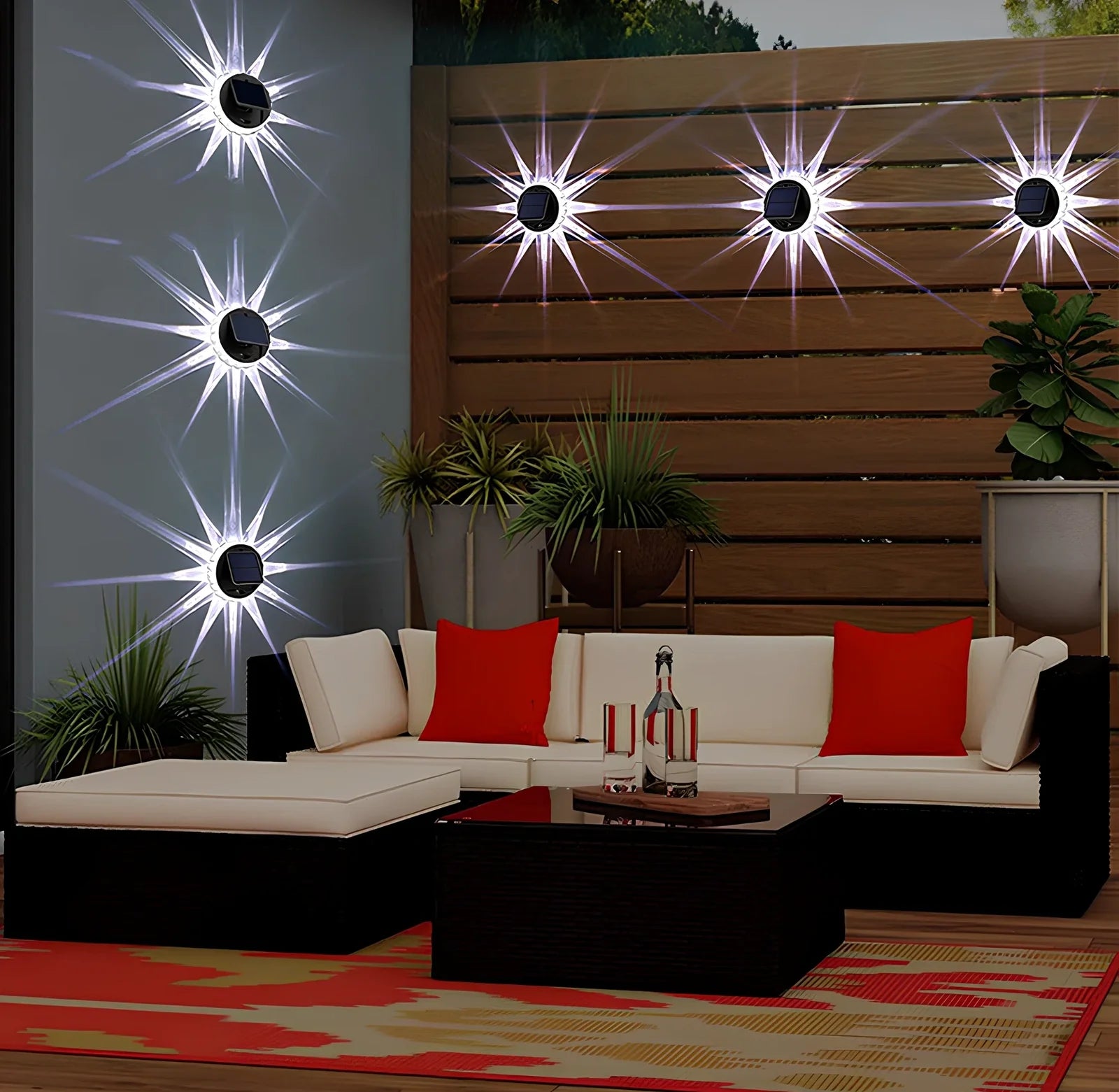 Circular solar garden wall light with 9 LED bulbs and intelligent light control for outdoor fencing