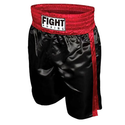 Men's boxing shorts in black and white with side stripe, laid flat showing design.