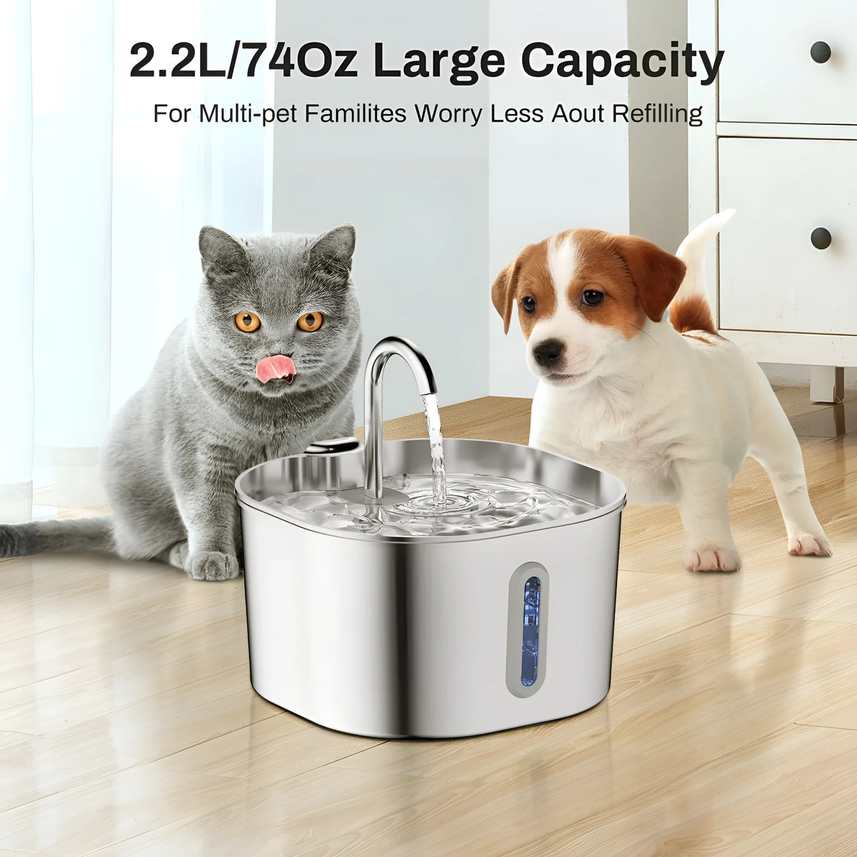 2.2L stainless steel smart pet water dispenser with faucet strip window, water pump and filter for dogs and cats