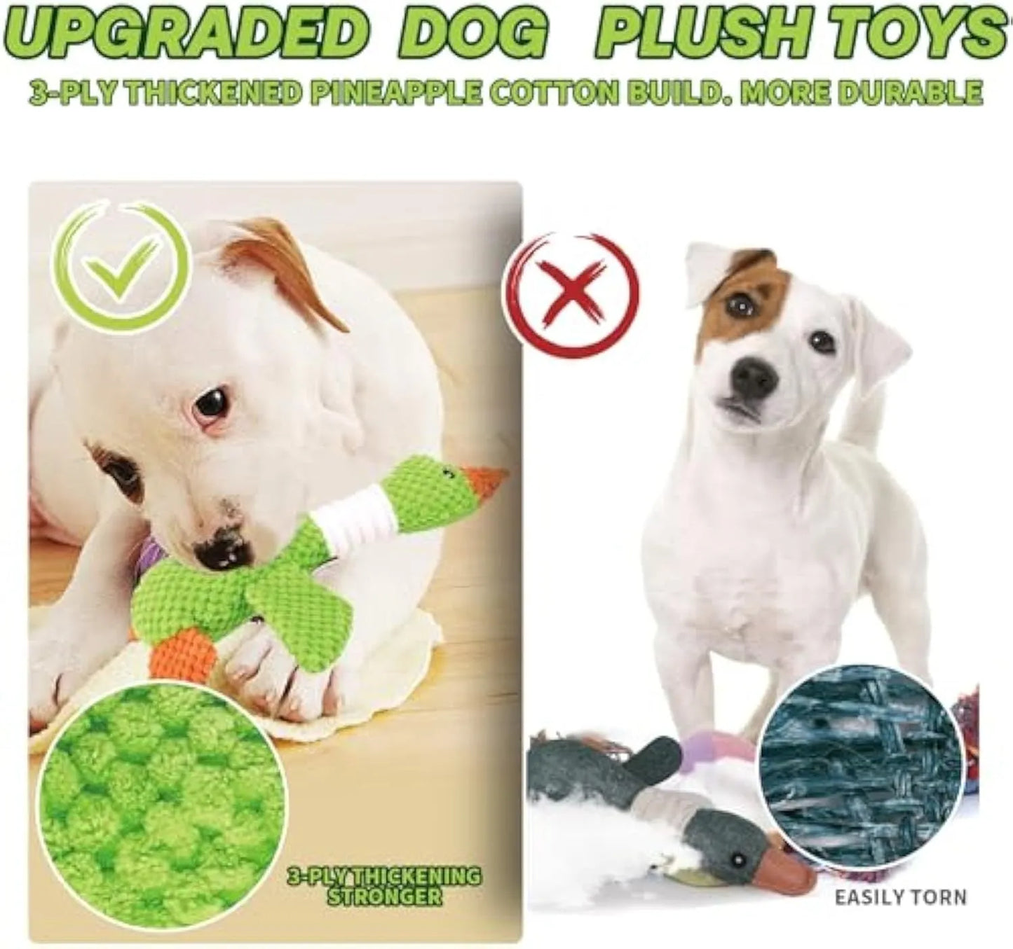 Blue duck-shaped dog plush toy with two squeakers for dental cleaning, 33 cm by 10 cm