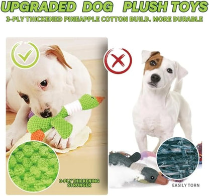 Blue duck-shaped dog plush toy with two squeakers for dental cleaning, 33 cm by 10 cm