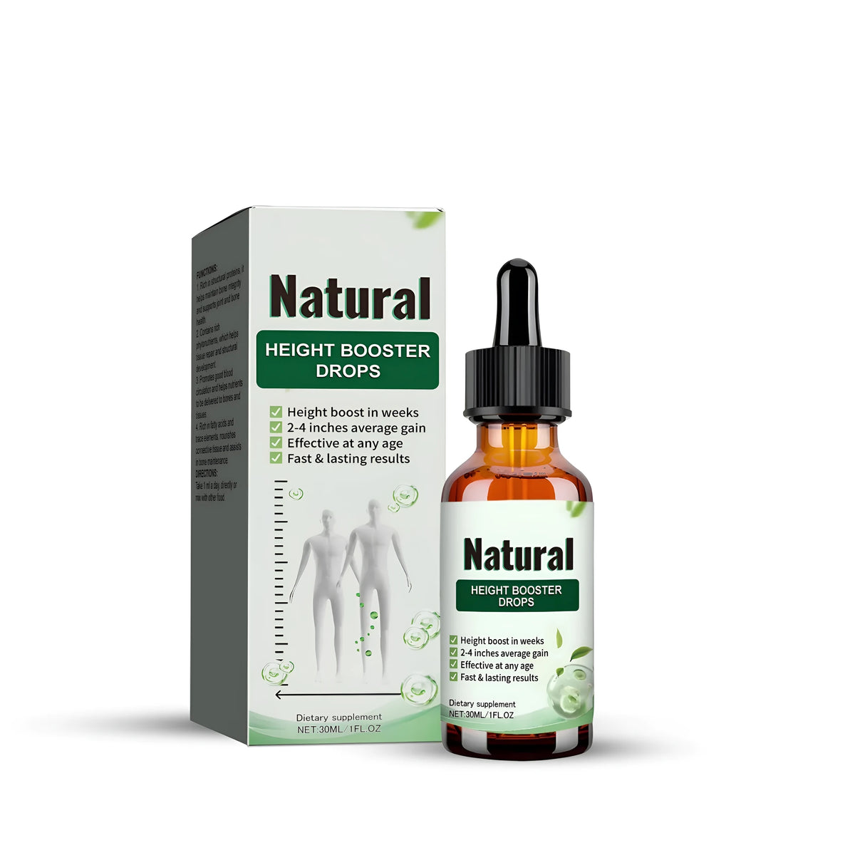 30ml bottle of hair growth drops with pipette containing deer bone collagen and botanical extracts