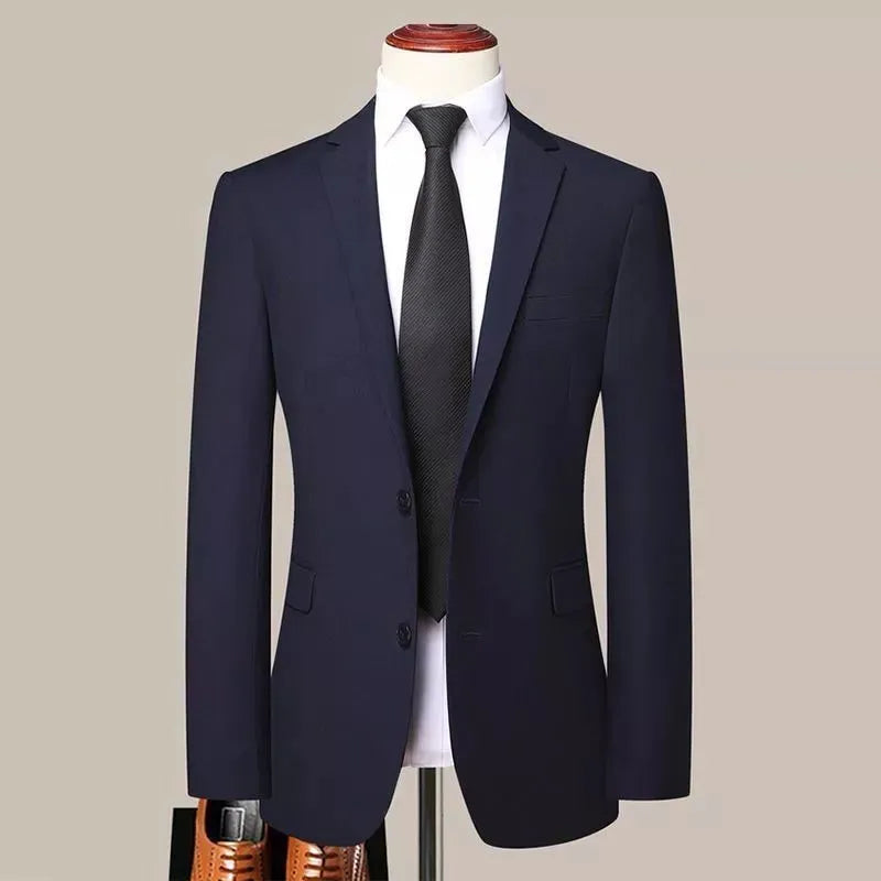 Men's Korean-style slim fit three-piece business suit in chemical fibre blend with tie