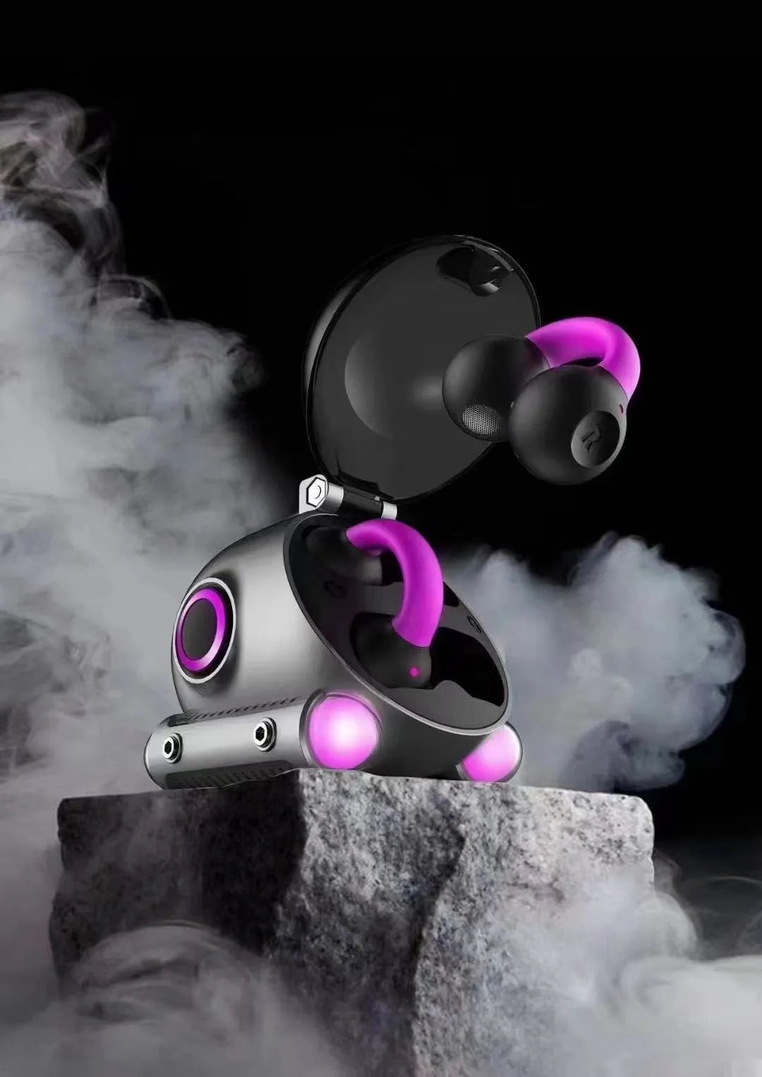 Black and white clip-on Bluetooth wireless sports headset showing ear clip design