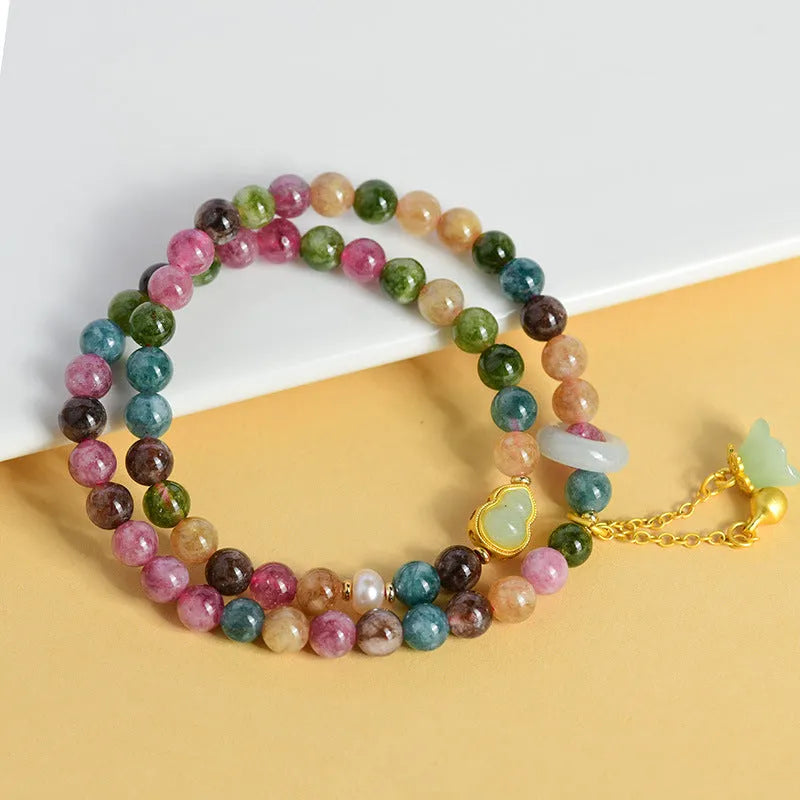 Natural chalcedony double circle bracelet with geometric design and 6-6.5mm beads