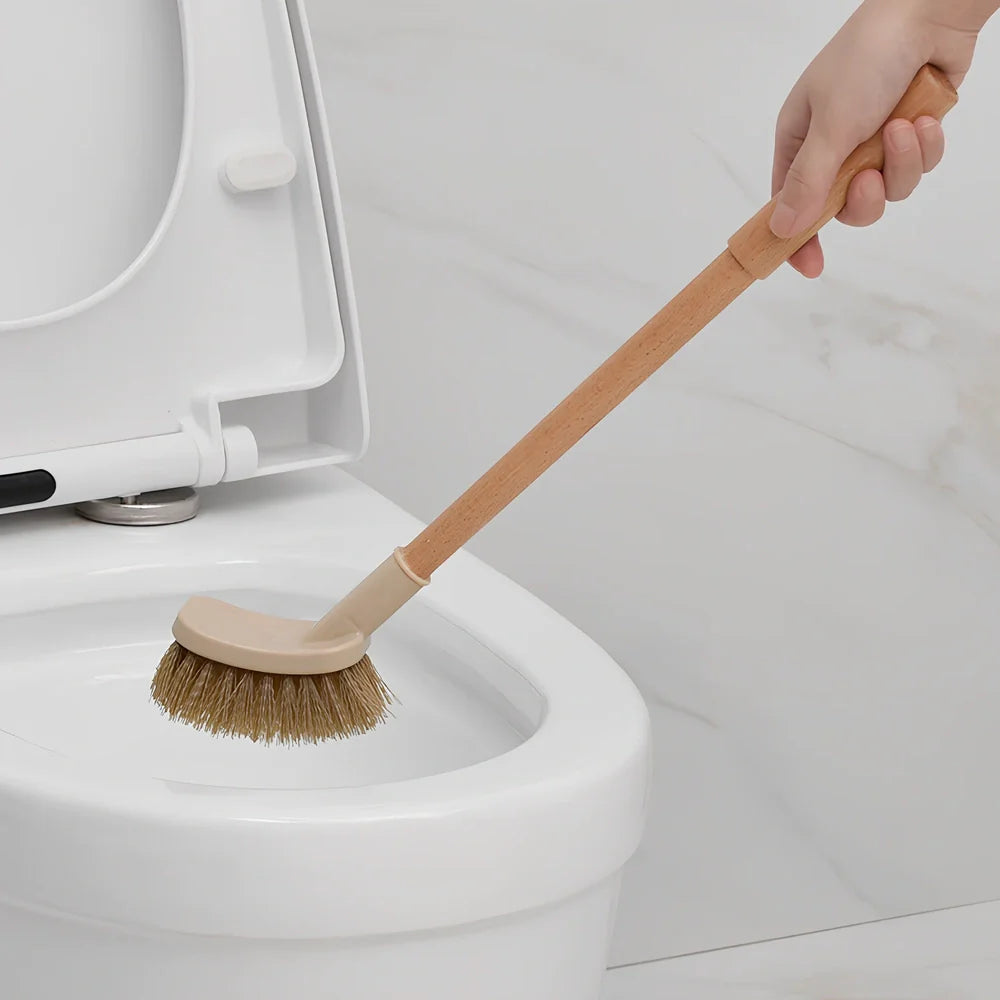 Wooden handle toilet brush with 360-degree bristle coverage for complete toilet cleaning