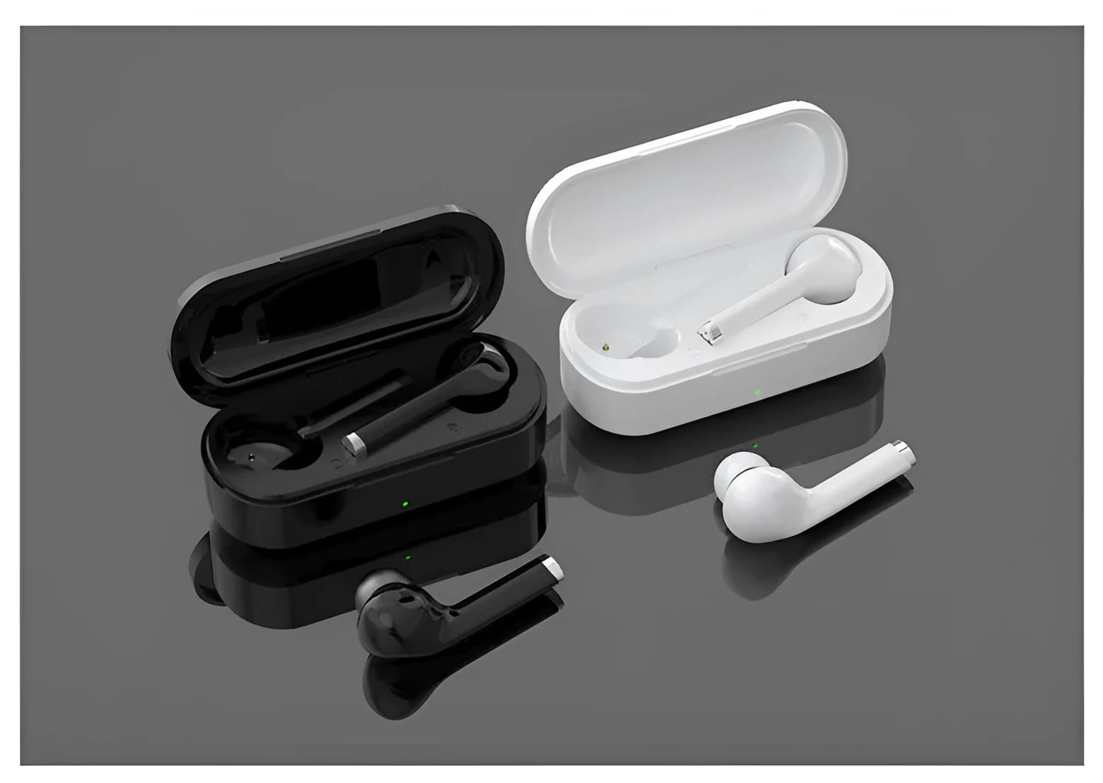 Black and white true wireless Bluetooth headphones with USB charging dock