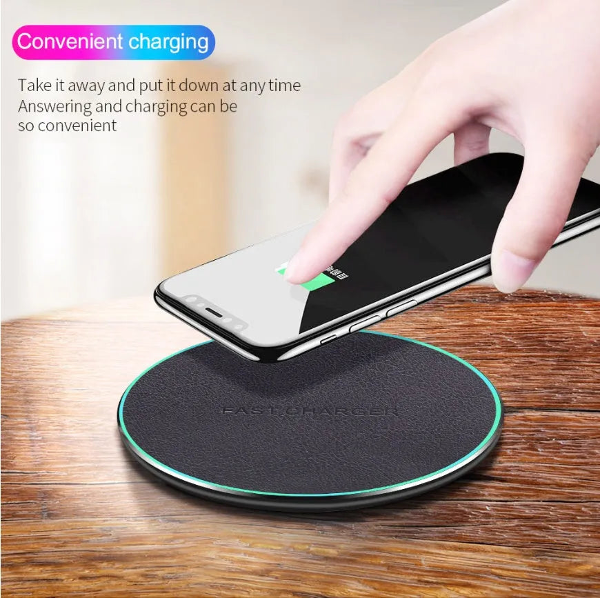 Black Quick Qi Wireless Charger for iPhone 11 showing 10 cm circular charging pad