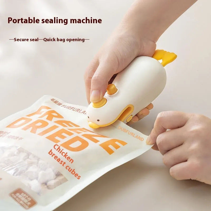 Sealing machine, rechargeable small yellow duck design, portable handheld device for sealing plastic bags and food packets, jacquard animal style with included USB charging cable, one-piece host
