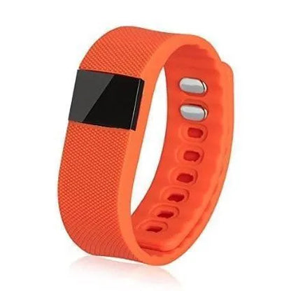 Ordinary plastic and ABS bracelet pedometer showing display, available in black, blue, green, orange, yellow.