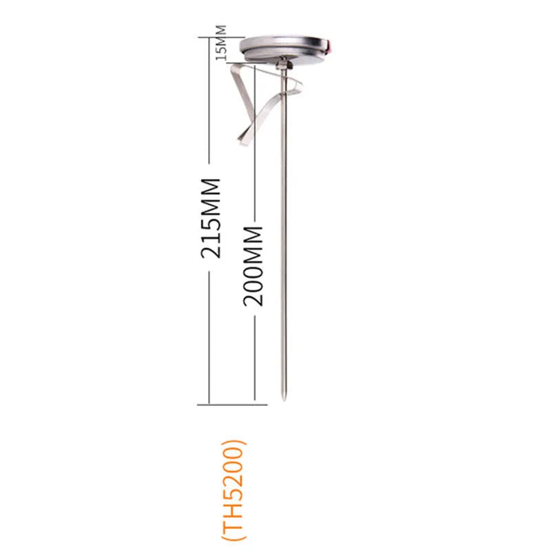 Pen-type food thermometer with long stainless steel temperature probe.