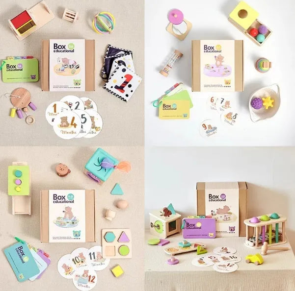 Wooden Montessori Rattle Toy with Black and White Cards and Ball Chime, Educational Baby Gift Set for 4-6 Year Olds, ABS Material, Colour Box Packaging