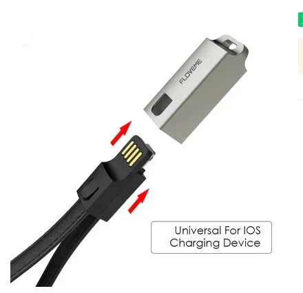 iPhone-compatible charging cable with single-head Apple lightning interface offering 2.1A maximum current for iPhone models, featuring genuine leather and zinc alloy materials in black, brown, or red colour options with 20cm wire length