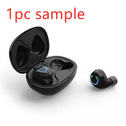 Black and white M18 true wireless in-ear headphones with a small rectangular charging case.