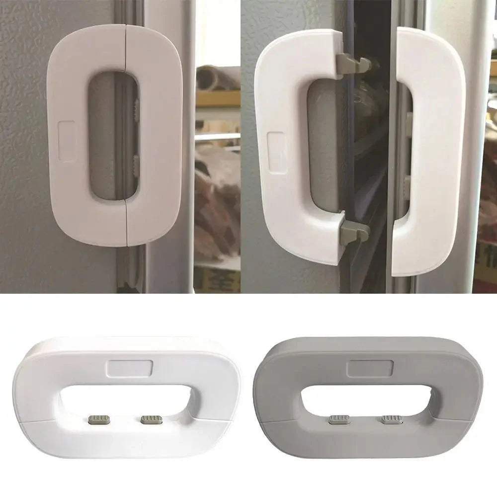 Child safety refrigerator lock for baby-proofing cabinets in white and grey