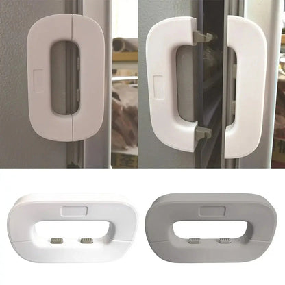 Child safety refrigerator lock for baby-proofing cabinets in white and grey