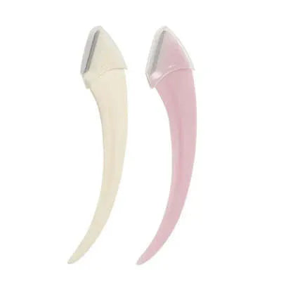 A curved moon-shaped eyebrow trimming knife and a cutting comb on a white background.