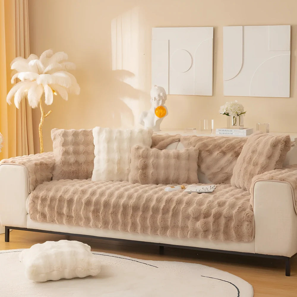 Flannelette sofa cushion with bubble plush texture in square pattern, available in multiple sizes and colours