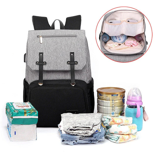 Stylish and functional diaper backpack with large capacity, stroller hooks, and USB charging port for modern parents