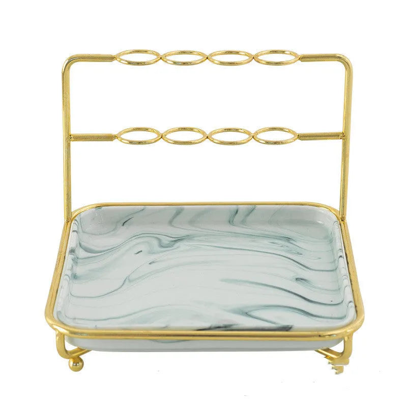 Modern short-style cosmetics storage rack on a desktop, made from iron and ceramic, shown in a choice of colours.